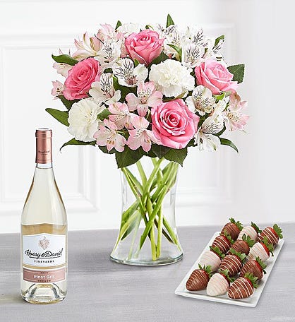 Cherished Blooms Bouquet with Mother's Day Drizzled Strawberries™ & Wine